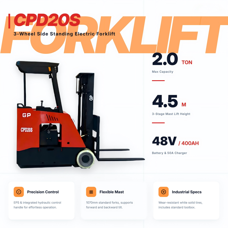 2.0Ton 3-Wheel side Standing  Electric Forklift Truck